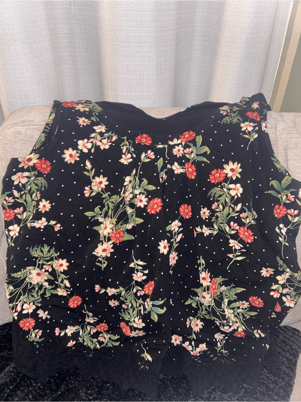 Floral Keyhole Top in Black with Red and Cream Blooms